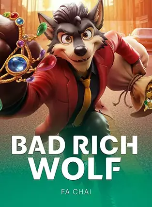 ปกเกม Bad Rich Wolf หมาป่าการ์ตูนสวมสูทถือเหรียญ