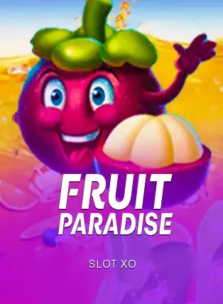 ปกเกม Fruit Paradise ตัวการ์ตูนมังคุดตาโตบนพื้นหลังม่วงส้ม